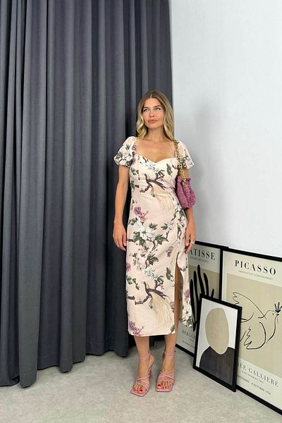 Sue Store Rochie de in cu guler inima - Ecru Mov Liliac Floral