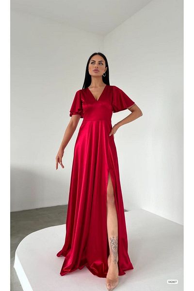 dükkan10butika Red Women's Evening Dress - Long Slit, Bat Sleeve, V-Neck, Low Back Engagement and Wedding Evening Dress