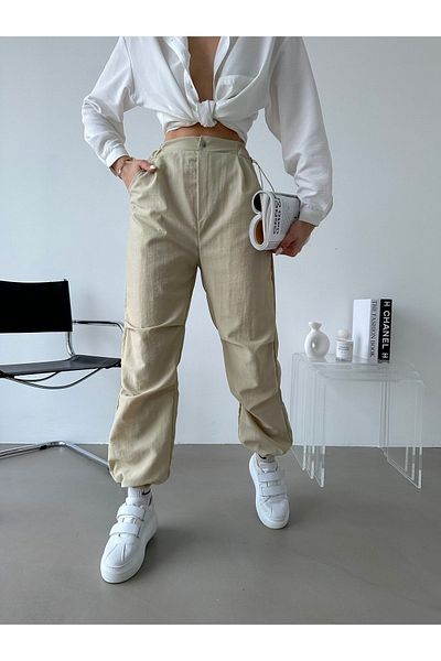 BEJNA Beige Hose mit hoher Taille aus Fallschirmstoff für Damen