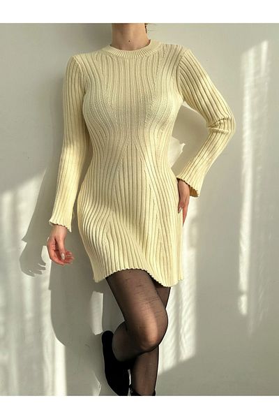 BEJNA Beiges Mini-Rippstrickkleid für Damen