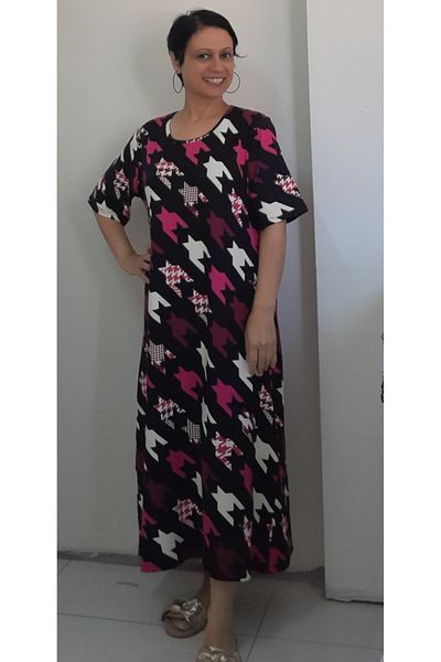 Mertcan Butik Pink Patterned Black Short Sleeve Knitted Dress