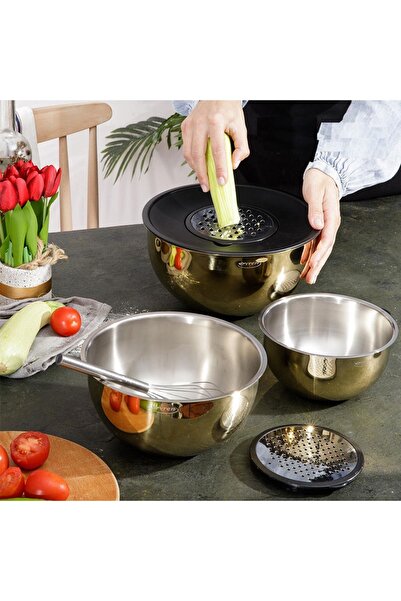 Evren 9 Parça Venüs Çift Rendeli Paslanmaz Çelik Karıştırma Kabı Seti (GOLD)