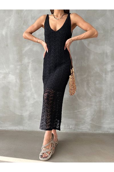 BEJNA Schwarzes, durchbrochenes Sommer-Strickkleid für Damen