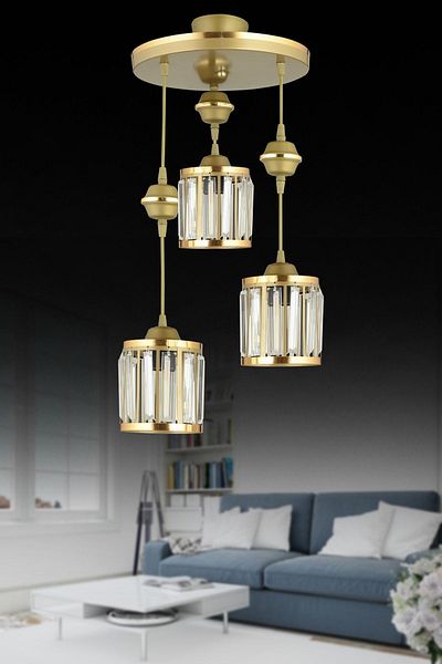 SONSUZ AYDINLATMA&AVİZE 3-Piece Antique Pendant Lamp Crystal Stone Yellow Striped Cylinder Downward Facing Luxury Chandelier