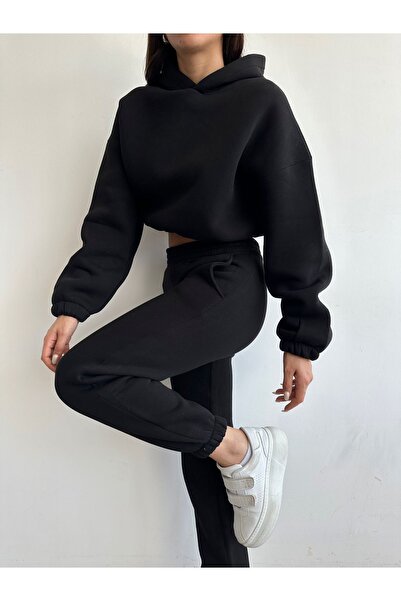 BEJNA Women's Black Cotton Basic Tracksuit Set with Fleece Inside