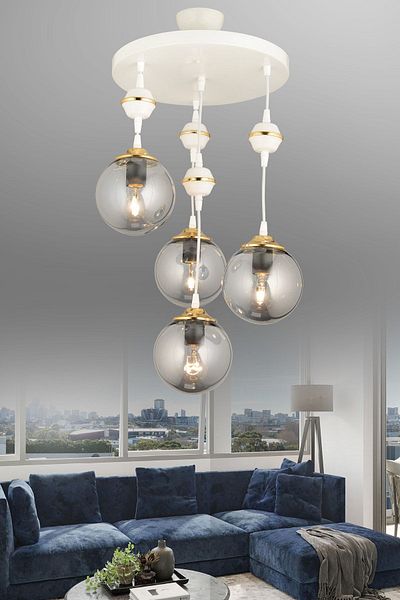 SONSUZ AYDINLATMA&AVİZE Pendant Lamp Tray White 4-Piece Smoked Ball Globe Glass Downward Facing Luxury Chandelier