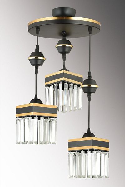 SONSUZ AYDINLATMA&AVİZE 3-Piece Black Pendant Lamp Tray with Crystal Stones and Yellow Strip Square Downward Facing Luxury Chandelier