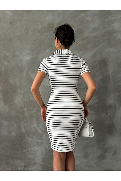 BEJNA Rochie tricotată flexibilă cu guler polo alb pentru femei