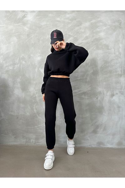 BEJNA Basic-Trainingsanzug-Set für Damen aus schwarzer Baumwolle mit Fleece-Innenseite