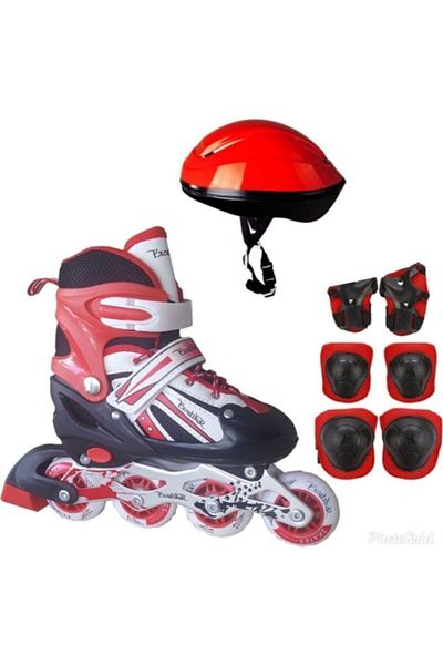 Asya Oyuncak Double Row Adjustable Lighted Practice Skates + Helmet + Knee Pad Set