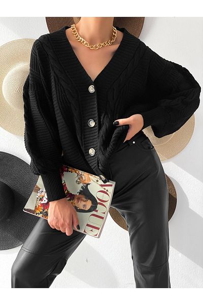 BEJNA Schwarze Strickjacke mit dickem Haar für Damen