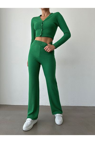 BEJNA Women's Green Crop Cardigan Palazzo Pants Set