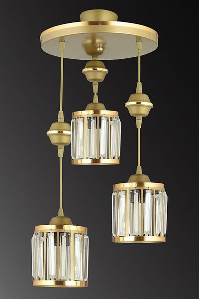 SONSUZ AYDINLATMA&AVİZE 3-Piece Antique Pendant Lamp Crystal Stone Yellow Striped Cylinder Downward Facing Luxury Chandelier