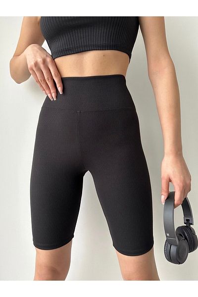 BEJNA Schwarze, gerippte, kurze Sport-Leggings mit hoher Taille für Damen