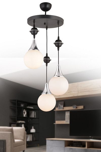 SONSUZ AYDINLATMA&AVİZE Pendant Lamp Tray Black 3-Piece White Glop Top Glass Chrome Downward Facing Luxury Chandelier