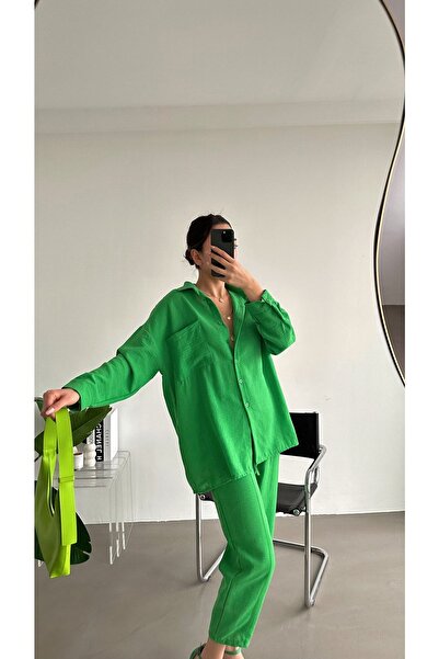 BEJNA Women's Green Oversize Linen Shirt Pants Bottom Top Set