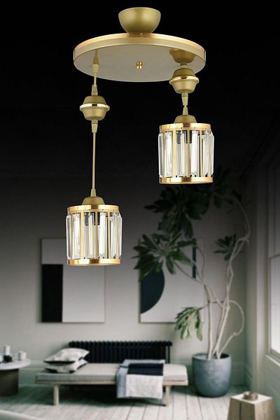 SONSUZ AYDINLATMA&AVİZE 2-Piece Antique Pendant Lamp Crystal Stone Yellow Striped Cylinder Downward Facing Luxury Chandelier