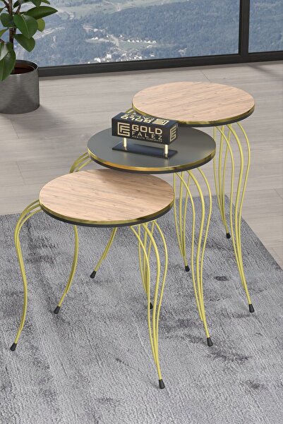 GOLDFALEZ Zigon Sehpa Lükens Çift Gold Antrasit Ceviz