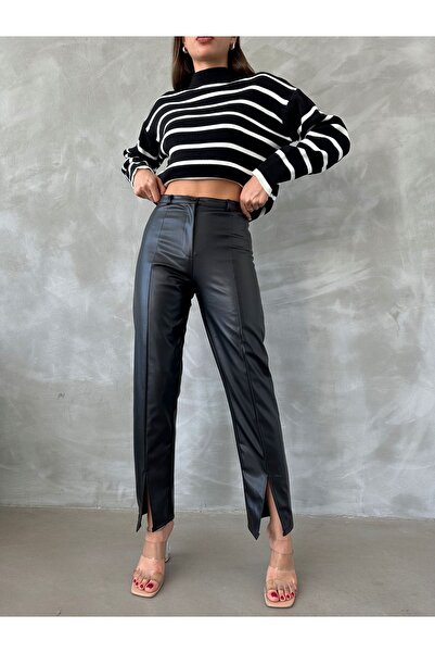 BEJNA Women's Black Slit Leg Faux Leather Trousers