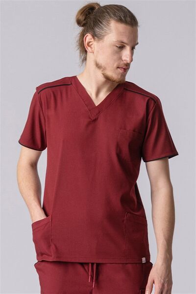 Medikal Dolap Bergama Men's Claret Red Single Top Lycra-Pocketed-Doctor Nurse Uniform-Scrubs-Surgical Clothing