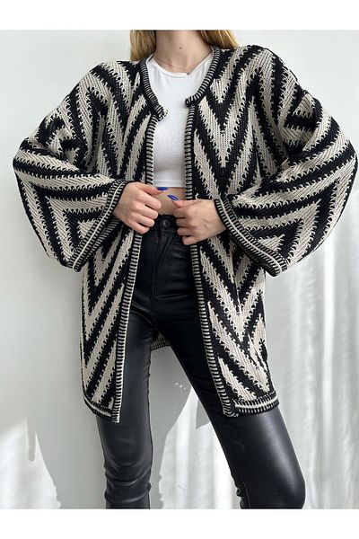 BEJNA سترة كيمونو محبوكة بحزام أسود للسيدات