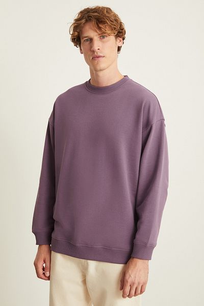 GRIMELANGE Pánska mikina Ludim Oversize Fit s 3 vláknami a vyvýšeným okrúhlym golierom fialová