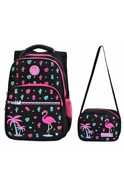 çantavizyon Flamingo Patterned Black Primary School Bag - Waddell School and Lunch Set
