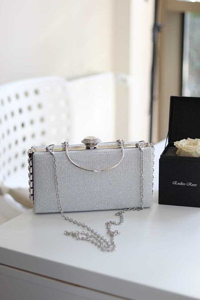 Moom Bag Geantă de umăr pentru rochie de seară detaliată cu piatră argintie pentru femei cu suport