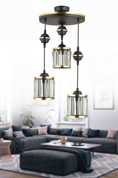 SONSUZ AYDINLATMA&AVİZE 3-Piece Black Pendant Lamp with Crystal Stones and Yellow Strip Cylinder Downward Facing Luxury Chandelier