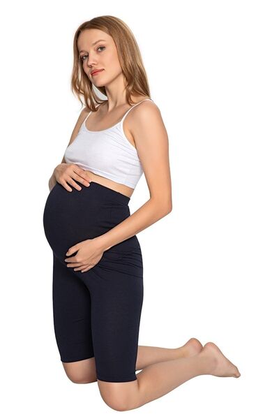 MyBen Kadın Lacivert Ayarlanabilir Bel Hamile Lohusa Pamuklu Kapri-şort 2022-irf05