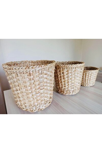 afralya home 3 'lü Hasır Saksı- Dekoratif Doğal Hasır Saksı