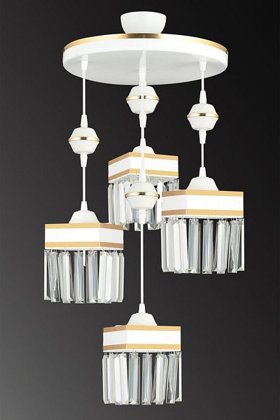 SONSUZ AYDINLATMA&AVİZE 4-Piece White Pendant Lamp with Crystal Stones and Yellow Strip Square Downward Facing Luxury Chandelier