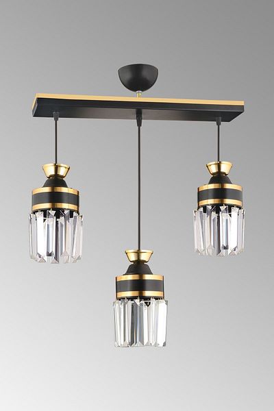 SONSUZ AYDINLATMA&AVİZE Tokyo 3 Row Black Pendant Lamp Tray Crystal Stone Yellow Strip Cylinder Downward Facing Luxury Chandelier