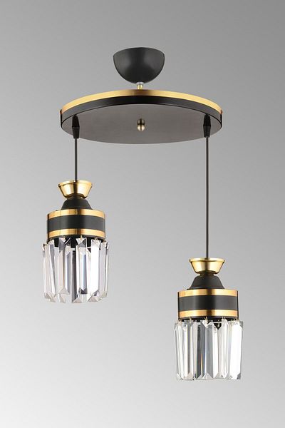 SONSUZ AYDINLATMA&AVİZE Tokyo 2-Piece Black Pendant Lamp with Crystal Stones and Yellow Strip Cylinder Downward Facing Luxury Chandelier