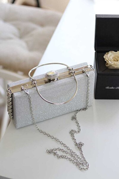 Moom Bag Geantă de umăr pentru rochie de seară detaliată cu piatră argintie pentru femei cu suport