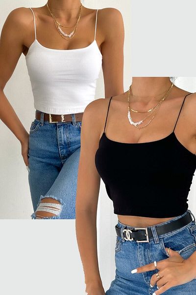 Tam Moda Λευκή και Μαύρη Γυναικεία Crop Μπλούζα - Σετ λουράκι σχοινιού 2 τεμαχίων