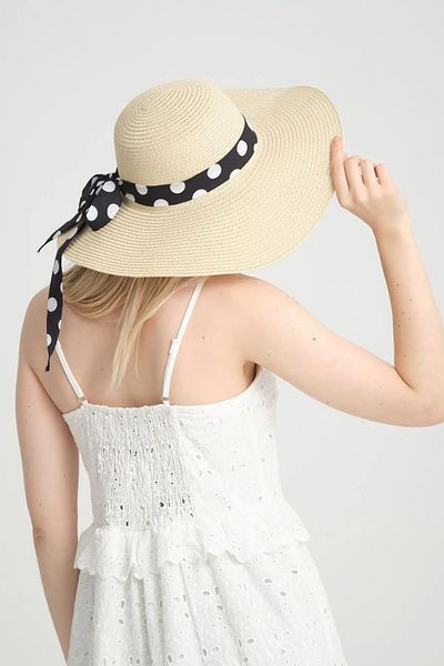 FELLMENS Straw Women's Hat - Beige Polka Dot and Bow Detail