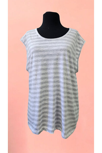 AHMERA رمادي مخطط طاقم الرقبة المرأة المعتاد بلا أكمام تي شيرت