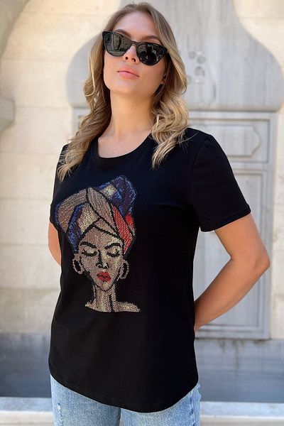 RICH GLAM Plus Size Black Crystal Rhinestone Comfortable Design Women's T-shirt - Short Sleeve, Crew Neck