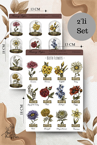 Flowery Paper 2'li  Birth Flowers Sticker Sayfası - Defter,Ajanda ,Journal,Sc...