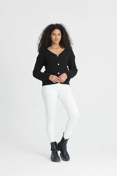 Nopen Knitwear Cardigan de damă, cu nasturi, negru, auriu