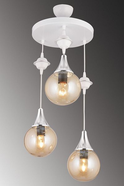SONSUZ AYDINLATMA&AVİZE Pendant Lamp Tray White 3-Piece Honey Ball Glass Chrome Downward Facing Luxury Chandelier