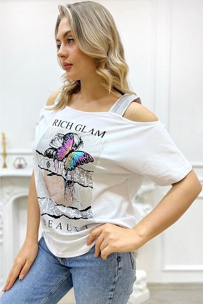 RICH GLAM Large Size White Off Shoulder Printed Crystal Stone Cotton Women's T-shirt