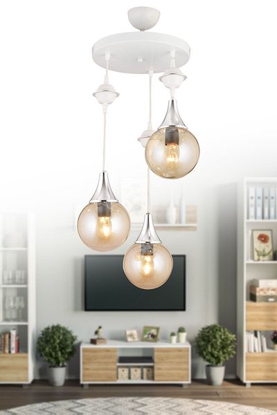 SONSUZ AYDINLATMA&AVİZE Pendant Lamp Tray White 3-Piece Honey Ball Glass Chrome Downward Facing Luxury Chandelier