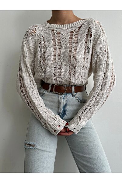 BEJNA Damen-Strickpullover mit geflochtenem Schlitz und Steinhaarmuster