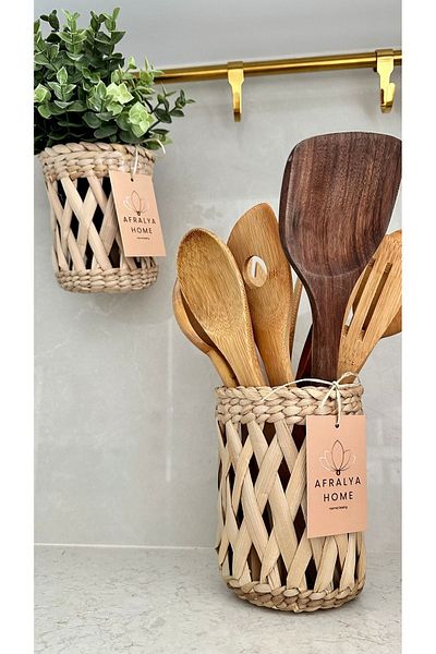 AFRALYAHOME Σετ οργάνωσης 2 τεμαχίων για κουζίνα - πάγκος πολλαπλών χρήσεων, κρεμαστό καλάθι και σετ μαχαιροπήρουνων από ψάθι