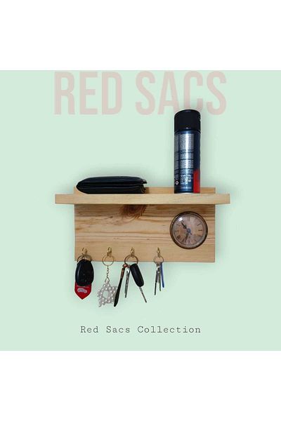 red sacs Wooden House Key Hanger with Clock - Wall Hanger, Keychain Hanger