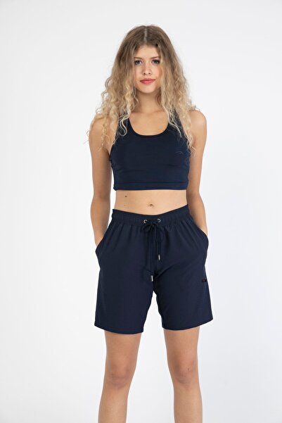 Miami Beach Kadın Lacivert Düz Renk Iki Yan Cepli Uzun Boy Mayo Deniz Şortu