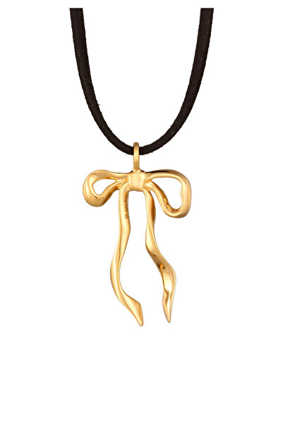 ELLI Colier Doamnă Fundă Pandantiv Cu Sinteză. Curea din piele din argint 925 placat cu aur