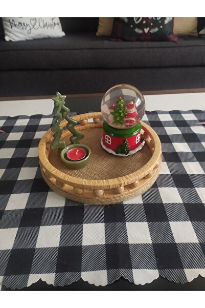 Süs Dükkanı Ahşap Hasır Dekoratif Sepet Tepsi Modeli Çap 22 Cm